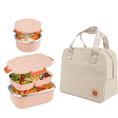 Bento Box, 18/8 Stainless Steel Lunch Box, Stackable PP5 Containers Bento Box for Adults and Kids, Lunch Containers Include an Insulated Food Jar and Bag for Office or School, Pink