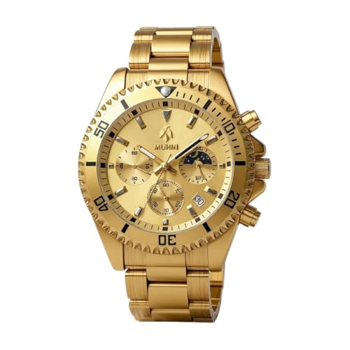 Munin Reloj Dorado de Hombre, Dial Dorado con Correa de Acero Inoxidable, Diseño Elegante y Lujoso, Analógico, Color Oro, 3 subdiales, Movimiento de Cuarzo, Caja de Regalo Incluida