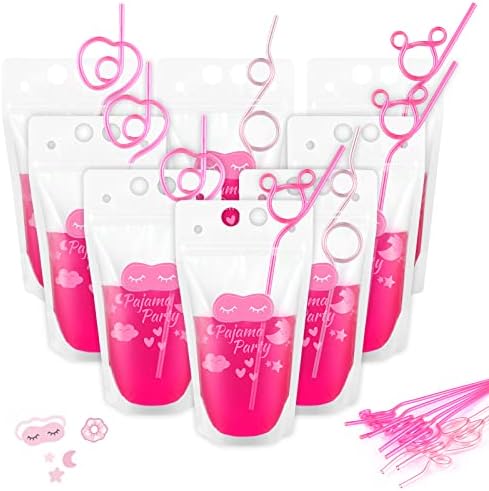 12 Pack Pajama Party Decorations Drink Pouches with Straws Pink Alcohol Drink Bags Slumber Party Favors Sleepover Spa Party Supplies Stuff for Adults Girls Women
