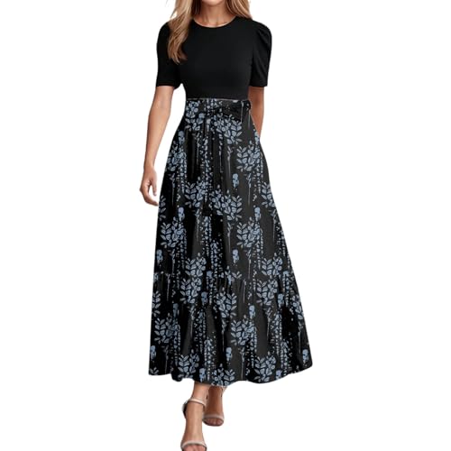 Vhersily Vestito Donna Elegante, Manica Corta, Elastico A-Line Vestito Casuale Eleganti Girocollo Floreale Midi Abito, Abiti da Spiaggia, Bohémien Moda Slim, per Cocktail Cerimonia Festa Ufficio