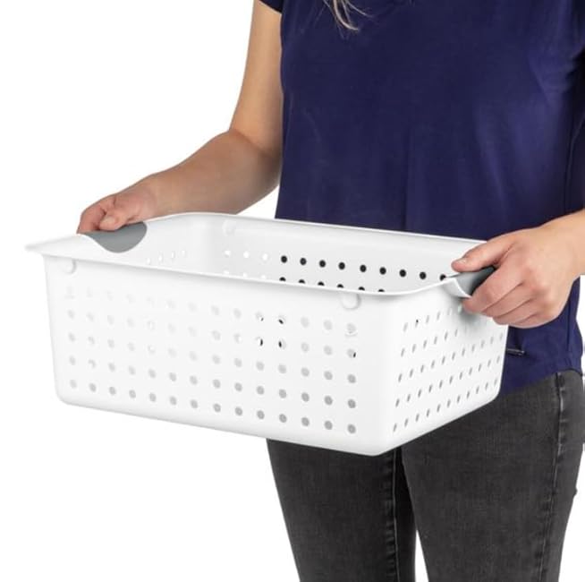 Sterilte Large Ultra Basket, Open Storage Bin to Organize Closets, Cabinets, Pantry, Shelving and Countertop Space, White, Pack of 2