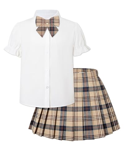 Image of Betusline Girls Skirt Set JK School Uniform 2-Piece Outfit - Short Sleeve Shirt with Bow & Pleated Skirt 4T-14Y