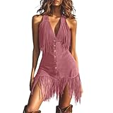 Cowgirl Dress for Women Vintage Tassel Sleeveless Button Fashion V Neck Vest Western Country Concert Mini Dresses S-3XL Pink