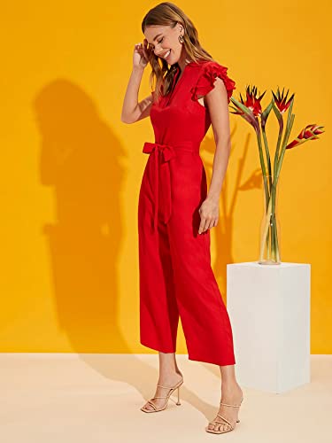Wdirara Women's Layered Ruffle Cap Sleeve Notched V Neck Belted Jumpsuit Pants Red Xs #TOP14