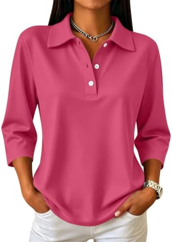 3/4 Sleeve Polo Shirts for Women Elbow Length Quick Dry Button Lightweight Prepp