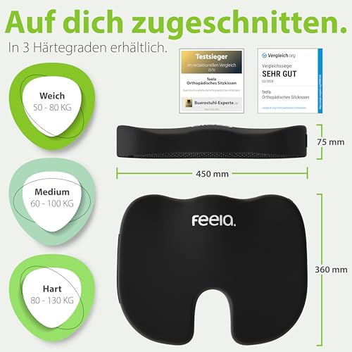 feela.® Orthopädisches Sitzkissen [3 Härtegrade] TESTSIEGER – Ergonomisches Sitzkissen für Bürostuhl & Auto – Schmerzlindernd, Steißbein entlastend, Sitzkomfort & Durchblutung fördernd (Medium)