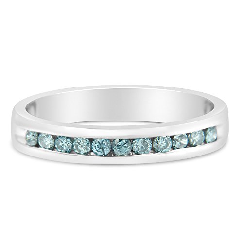 Original Classics 14K White Gold Treated Blue Round Diamond Band Ring (0.25 Cttw, Blue Color, I2-I3 Clarity) - Size 6-3/4