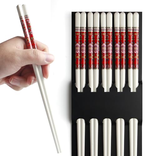 IQCWOOD Chopsticks Reusable, 5 Pairs Bone China Ceramic Chopsticks, Dishwasher Safe, Classic...