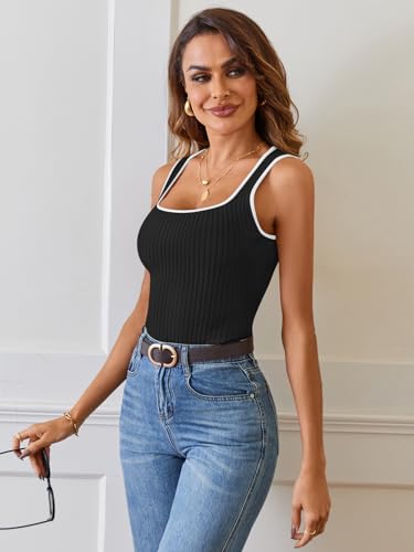 MEROKEETY Women's Sleeveless Square Neck Tank Tops 2025 Slim Fitted Color Block Knit Shirts Summer Basic Sweater Vest3