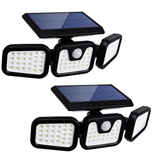 Solar Lights Outdoor with Motion Sensor, CHARMINER 3 Heads Security Adjustable Lights Solar Powered, 74 LED Flood Lights Motion Detected Spotlight for Garage Yard Porch Garden, 2 Pack