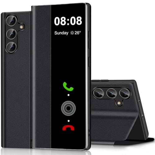 Image of Croazhi Flip Case for Samsung Galaxy A16 Case S View, Clear View Folio PU Leather TPU inner Protective Phone Case, with Kickstand 360 Degrees Shockproof Anti-Scratch Flip Cover (Black)