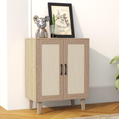 Panana Rattan Decorated Buffet Storage Cabinet, Wood Kitchen Sideboard Accent Cabinet (69(W) x 38(D) x 88(H) cm, Natural Wood Finish) - Image 2