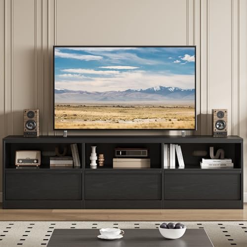 Garvee Mid Century Modern TV Stand for 65 70 75 in TVs, Industrial Entertainment Center with 3 Drawers & Open Shelves, Sturdy MDF for Living Room & Be