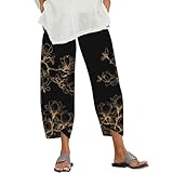 Women's Japanese Art Print Capri Pants High Waist Elastic Cropped Wide Leg Casual Stylish Graphic Pants Summer Plus Size Vacation Beach Trousers with Packet,Golden Black,L
