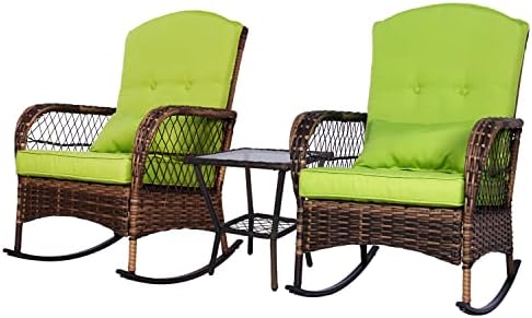 Rotihom 3 Pieces Outdoor Wicker Patio Furniture Set PE Rattan Wicker Rocking Chairs with Thickened Cushion Modern Bistro Set with Glass-Top Coffee Table for Garden, Pool, Backyard (Green)