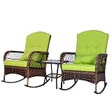 Rotihom 3 Pieces Outdoor Wicker Patio Furniture Set PE Rattan Wicker Rocking Chairs with Thickened C