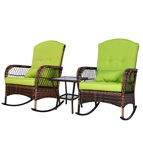 Rotihom 3 Pieces Outdoor Wicker Patio Furniture Set Pe Rattan Wicker Rocking Chairs With Thickened Cushion Modern Bistro Set With Glass-Top Coffee Table For Garden, Pool, Backyard (Green) #TOP2