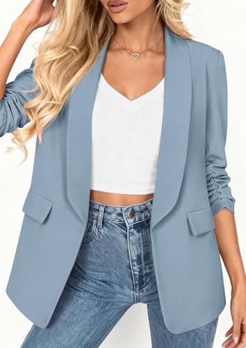 PRETTYGARDEN Women's 2026 Spring Blazers Business Casual Outfits Open Front Ruched 3/4 Sleeve Lightweight Work Suits Jackets (Light Blue,Small) — view 5