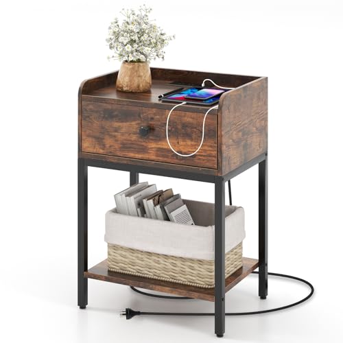 Nightstand with Charging Station, Industrial Bedside Table with USB Ports, Storage Drawer & Open Shelf, Accent End Table with Sturdy Metal Frame, Rustic Brown (Charging Station)