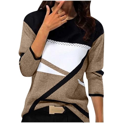 Women's Warm Elegant Printed Crew Neck Comfortable Pullover Long Sleeve Knitted Casual Sweatshirt, brown, S