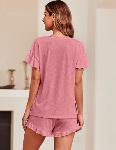 Image of Ekouaer Women's Pajama Set Ruffle Sleeves Top and Short | 2 Piece Ruffle Hem Sleeves Top and Shorts Pjs Set, Soft Short Sleepwear Set, Elastic Waistband Design
