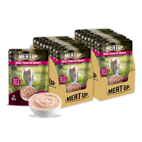 Image of Meat Up Adult Cat Wet Food 16 Pouches x 50g, Total 800g | Real Tuna in Gravy | Supports Heart & Vision Health | Strong Bones & Teeth | Natural Flavours | Organic Minerals & Vitamins
