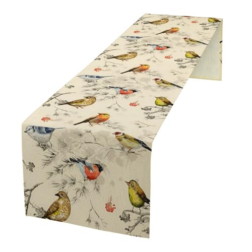 Retro Bird Table Runner Watercolor Winter Perching Birds for Kitchen Dining Table Holiday Indoor Outdoor Home Party Table Decor 13x60in