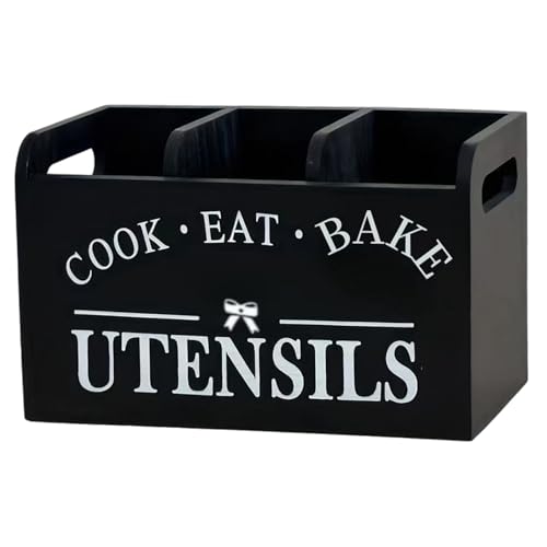 Porte-ustensiles de cuisine, porte-ustensiles Noire en bois avec 3 compartiments, organisateur de comptoir cuisine rustique avec poignée