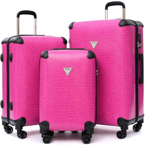 universal trotter Vintage Pattern PU Leather Luggage Set, 3-Piece Trunk Style Fashion Suitcases, 20/24/28 Inch, Tsa-Approved Locks, 360° Spinner Wheels (Hot Pink)