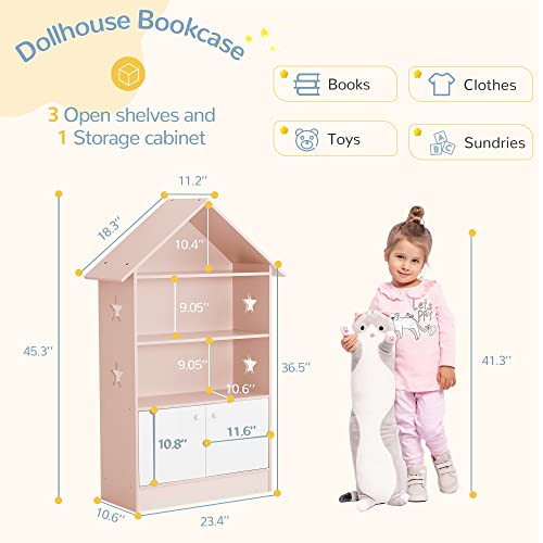 Curipeer Kids Dollhouse Bookshelf, Large Wooden Kids Bookshelf and Toy Storage with Doors, 3-Tier Open Display Organizer and 1-Tier Hidden Storage Dollhouse Bookcase Gift for Ages 3-7, Pink