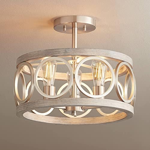 Franklin Iron Works Salima Farmhouse Rustic Industrial Ceiling Light Semi Flush Mount Fixture 16" Wide 3-Light Brushed Nickel Gray Wood Finish Drum Shade for Bedroom Kitchen Living Room Hallway