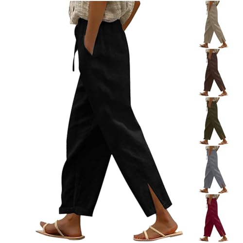 Genérico Mujer Pantalones Causales de Lino de Algodón Cintura Alta Elasticos Pantalon Mujer Algodón Rectos con Cordón Pantalón Deporte con Bolsillos Pantalones de Cómodos