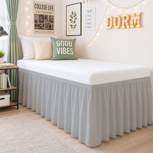 Cottington Lane Twin XL Dorm Bed Skirt 32 Inch Drop, Extended Ruffled College Dorm Bed Skirt, Wrap Around Dust Ruffle, Premium Brushed Microfiber Extra Long Bed Skirt for Twin XL Dorm Beds, Light Grey by Cottington Lane - Used condition - US$17.85