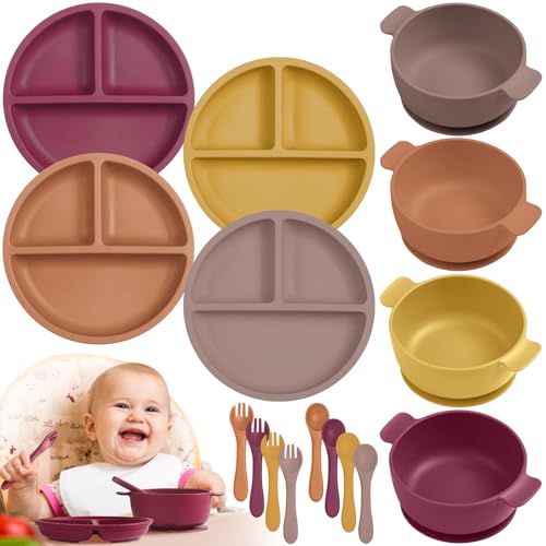 Image of Domensi 12 Pcs Silicone Baby Feeding Set, 4 Pcs Silicone Divided Suction Plate and 4 Pcs Baby Bowls with Suction with 4 Sets Spoons Forks for Baby Led Weaning Supplies Self Feeding (Bright Colors)