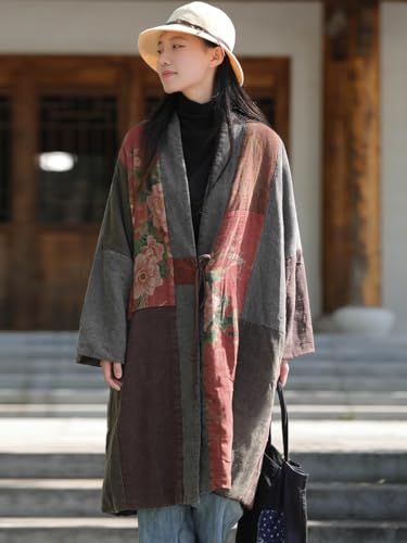Vintage Floral Patchwork Kimono Coat for Women Long Gray Burgundy Linen Open Front Jacket with Pockets Boho Chic Casual Wear (US, Alpha, One Size, Regular, Regular, Red gray splicing) - Thumbnail 4
