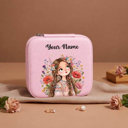 Image of PRIMIT Personalized Jewelry Box with Name & Birth Flower - Custom Travel Jewelry Organizer Case - Bridesmaid, Birthday, Christmas Gift for Women & Girls (Little Blossom)