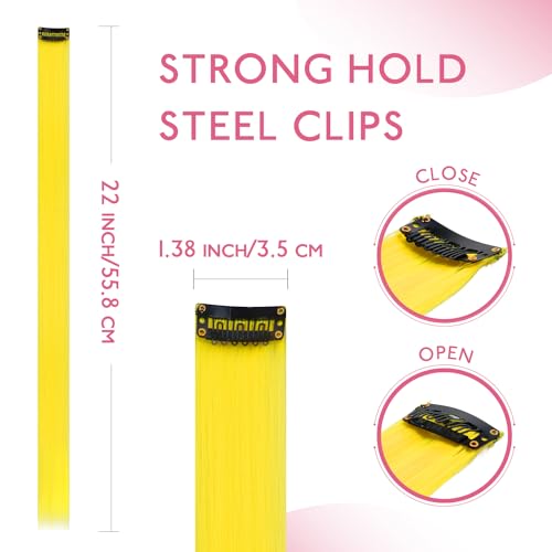 Image of WENNALIFE 12 PCS Yellow Hair Extensions Clip in, Colored Clip in Hair Extensions for Kids Highlights Rainbow Hair Clips for Girls Synthetic Straight Pop-up Style Colorful Girls Hair Accessories