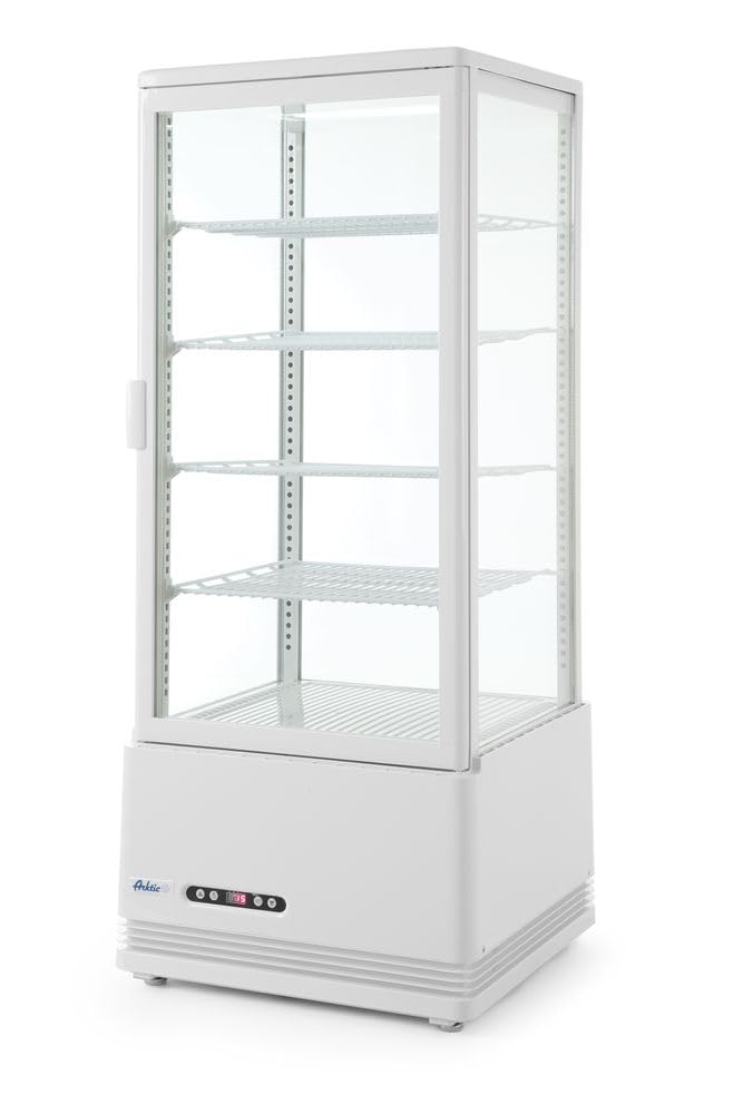 HENDI Vitrina expositora refrigerada, descongelación automática, sistema antivaho, 4 estantes, iluminaciónED, etiqueta energética C, 98L, 230V, 210W, 452x406x(H)1116mm, Blanco, ABS, doble cristal