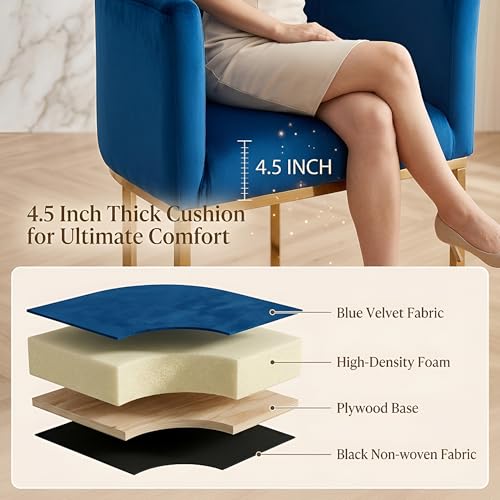 Image of HNY Modern Counter Height Velvet Fabric Upholstered Counter Stool, 24 Inch Kitchen Island Stool with Gold Finish Metal Frame, Navy Blue