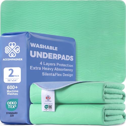 Image of Accompagner Incontinence Bed Pads Washable Waterproof, Ultra-Absorbent Reusable Underpads for Diaper Changing, Nursing, Bedridden, Adults, Seniors, Kids and Dogs (Green, 36 inchx54 inch(Pack of 2))