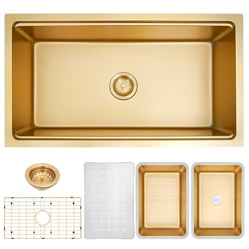 Image of 32 inch Gold Undermount Kitchen Sink,Single Bowl Modern Kitchen Sink,Stainless Steel Workstation Sinks (Gold, 32 X 18 inch)