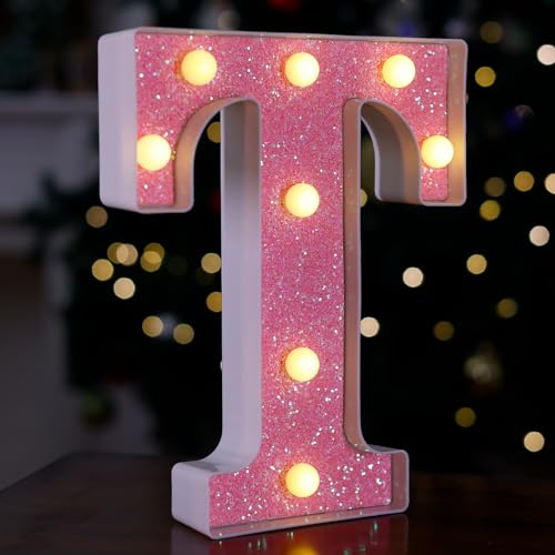 Image of LED Letter Lights Pink Glitter Marquee Letters Light Up Alphabet Letters Sign Battery Powered for Home Party Decoration Night Bar Wedding Birthday Christmas Lamp Girls Gift - Letter T
