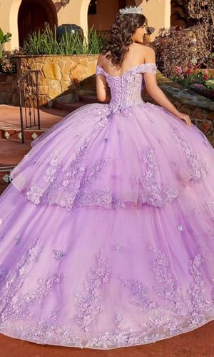 3D Floral Applique Quinceanera Dresses Layered Ball Gown Off Shoulder Beaded Butterfly Prom Princess Sweet16 Gown2