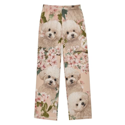 Poodle Floral Boys Long Pants Soft Trousers Elastic Waist Kids Lounge Bottoms with Pockets S-XL