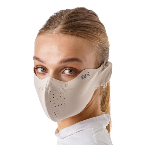 SUIGOLF KOREA X-Series X4 Flex Basic Aqua-X UV Cooling Face Mask with Ear Cover & Nose Wire Golf Running Outdoor Sports (Beige Medium)