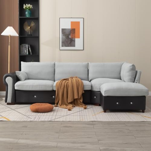 Image of Panana Luxury Faux Leather With Linen Fabric Corner Sofa, Living Room Corner Couch With Wood Legs Couch Back (Light Grey, 5 Seater with Built-in USB Port)