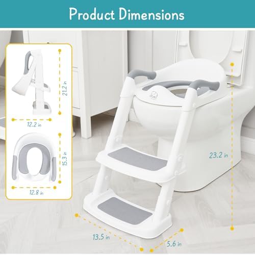 Forbena Potty Training Toilet Seat with Step Stool Ladder, Toddler Kids Potty Seat for Boys Girls, Non Slip Foldable Toilet Training Seat with Soft Cushion, Comfortable Handles (White-Grey) — view 5