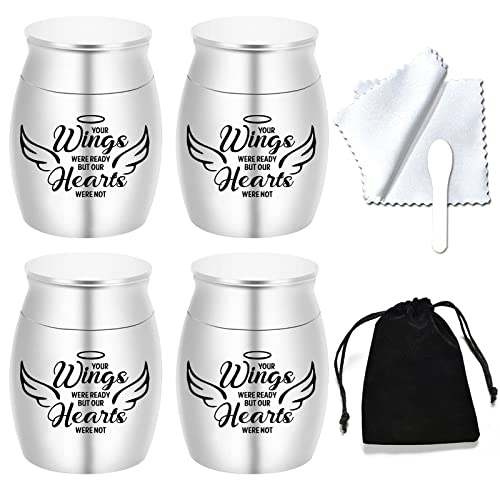 Small Keepsake Urns for Human Ashes Angel Wings Cremation Urns for Ashes 4 Piece Stainless Steel Funeral Memorial Ashes holder-Your Wings Were Ready, But My Heart Was Not (Silver 4pcs)