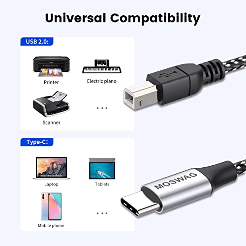 MOSWAG USB C to Printer Cable, USB C Midi Cable Printer Scanner Cord with Metal Connector Compatible with AiO, HP, Canon, Printers and More