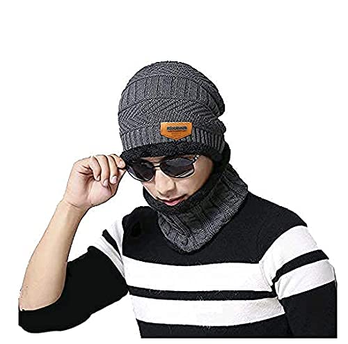 QUEERY Men's Woolen Cap with Neck Muffler/Neckwarmer Set of 2 Free Size -Grey